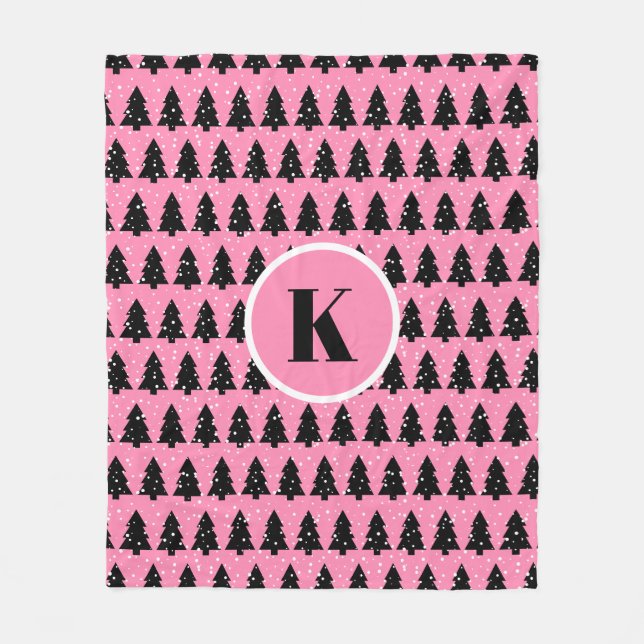 Modem Pink & Black Christmas Tree Fleece Blanket (Front)