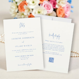 Moden cream blue Wedding Invitation QR code