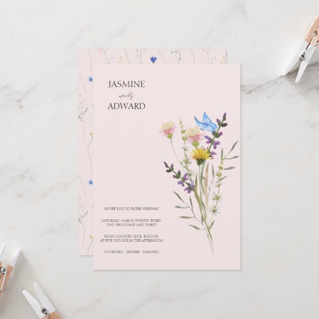 Moden Simple Wildflower Floral Wedding Invitation (Front/Back In Situ)