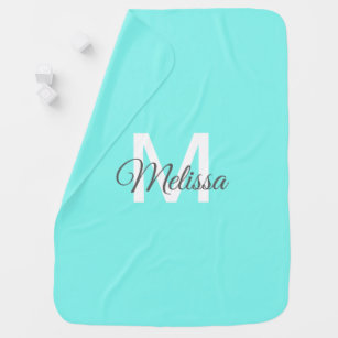 moder chic minimalist monogram turquoise aqua blue baby blanket