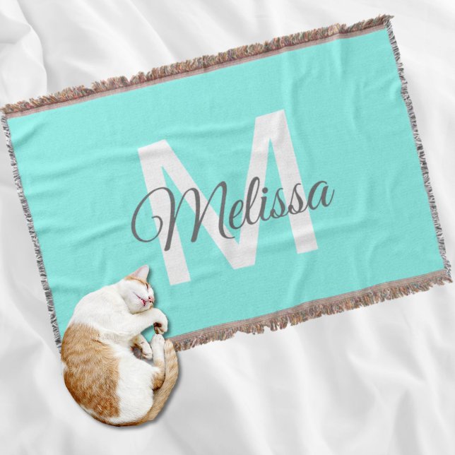 moder chic minimalist monogram turquoise aqua blue throw blanket (moder chic minimalist monogram turquoise aqua blue throw blanket)