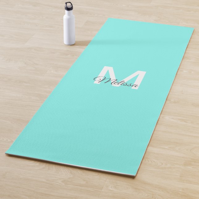 moder chic minimalist monogram turquoise aqua blue yoga mat (In Situ)