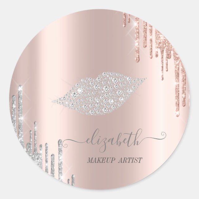 Moder Diamonds Lips,Rose Gold Silver Drips Classic Round Sticker (Front)