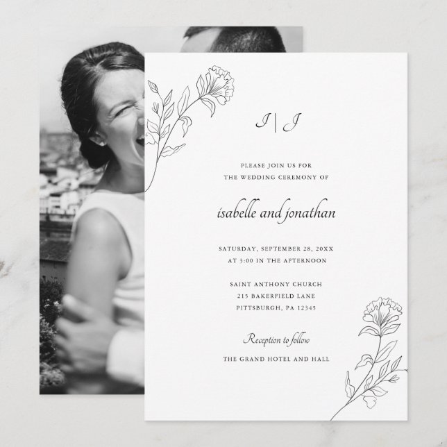 Moder Drawn Floral Photo Wedding Invitation (Front/Back)