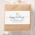 Moder Elegant Script Happy Holidays Gold Snowflake<br><div class="desc">Moder Happy Holidays label with elegant script and a printed gold snowflake design. Below is space for your custom name and address.</div>