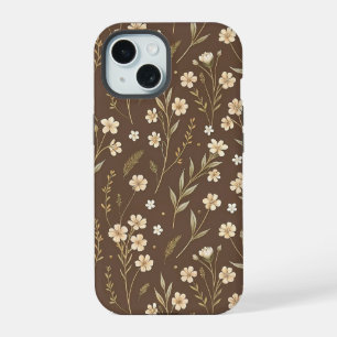 Moder Pattern Wilflowers Brown Background iPhone 15 Case