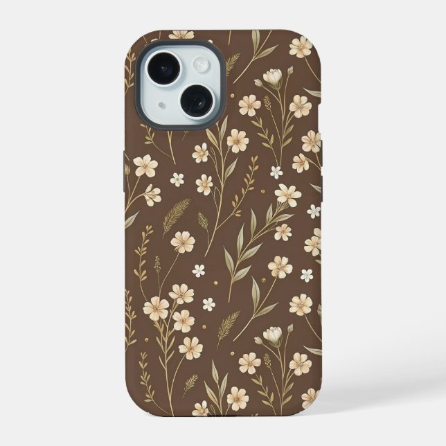 Moder Pattern Wilflowers Brown Background iPhone 15 Case (Back)
