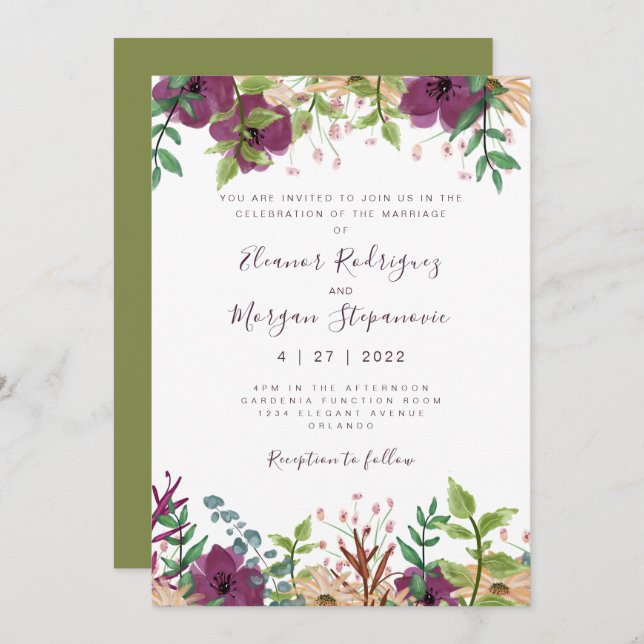 Moder purple floral green wedding invitation (Front/Back)