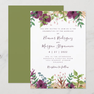 Moder purple floral green wedding invitation
