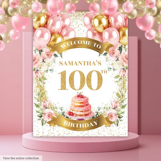 Modern 100th Birthday Blush Gold Banner Design Tapestry (Modern 100th Birthday Blush Gold Banner Design Tapestry)