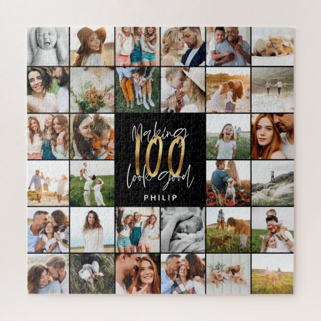 Modern 100th birthday multi photo script gift  jigsaw puzzle (Vertical)