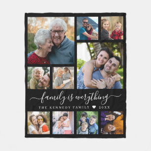 Modern 10 Photo Collage Family Name Quote Black Fleece Blanket