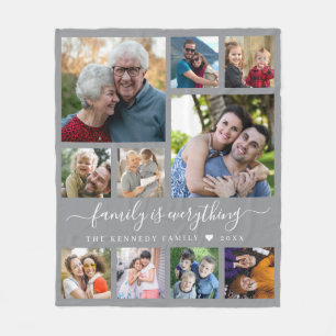 Modern 10 Photo Collage Family Name Quote Gray Fleece Blanket