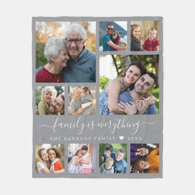 Modern 10 Photo Collage Family Name Quote Gray Fleece Blanket (Front)