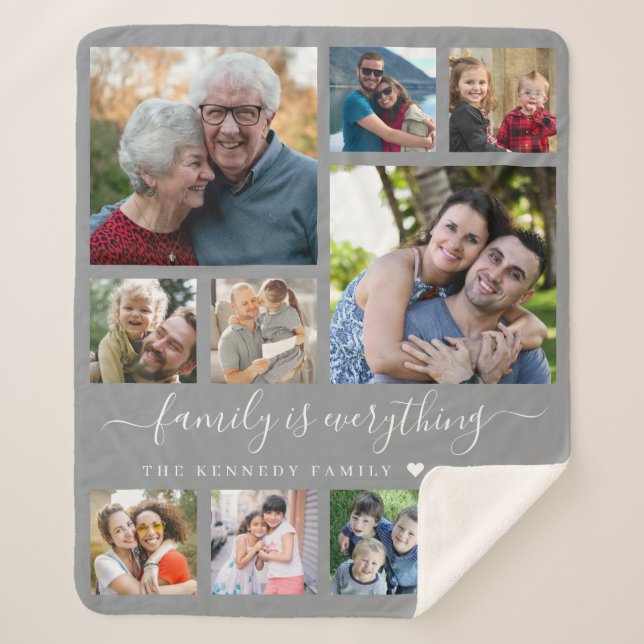 Modern 10 Photo Collage Quote Family Name Gray Sherpa Blanket (Front)
