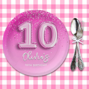 Modern 10th Birthday Girl Pink Number Balloon Paper Plate