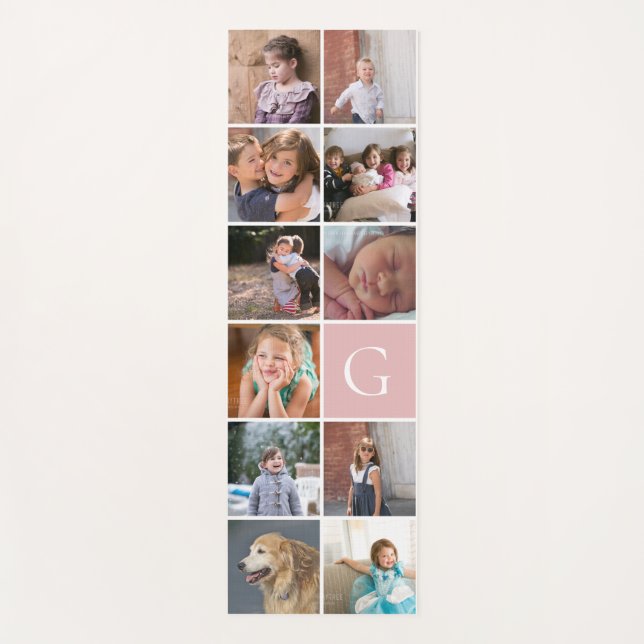 Modern 11 photo collage and monogram pink yoga mat (Front)