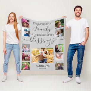 Modern 11 Photo Collage Family Love Quote  Grey Fleece Blanket