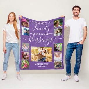 Modern 11 Photo Collage Family Love Quote Purple Fleece Blanket