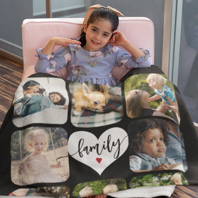 Modern 11 photo collage family script personalized fleece blanket (Creator Uploaded)