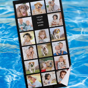 Modern 11 Photo Collage Personalized Black Beach Towel