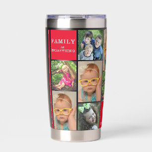Modern 12 Photo Collage Family Name Monogram Red Insulated Tumbler