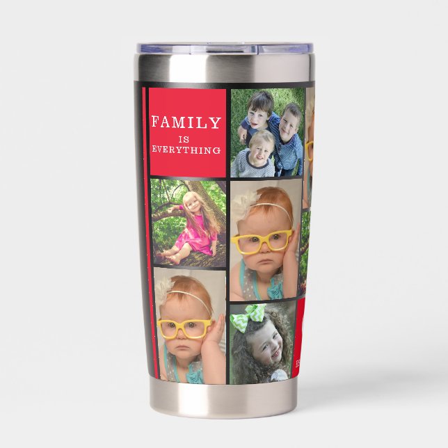Modern 12 Photo Collage Family Name Monogram Red Insulated Tumbler (Front)