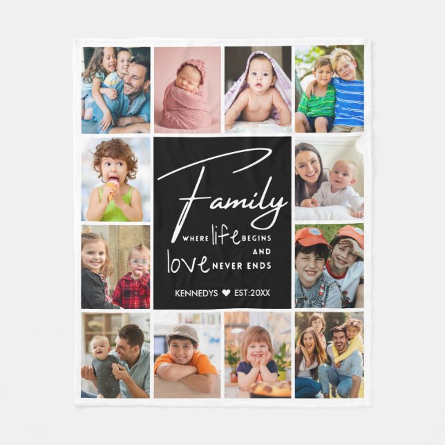 Modern 12 Photo Collage Family Name Quote     Fleece Blanket (Front)