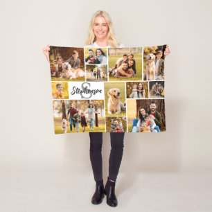 Modern 12 Photo Collage Script Name Monogram Fleece Blanket