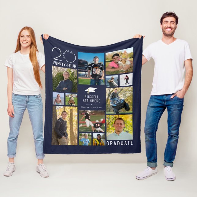 Modern 13 Photo Collage Class Year Custom Colour Fleece Blanket (In Situ)