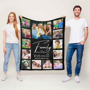 Modern 13 Photo Collage Family Quote Name Black  Fleece Blanket