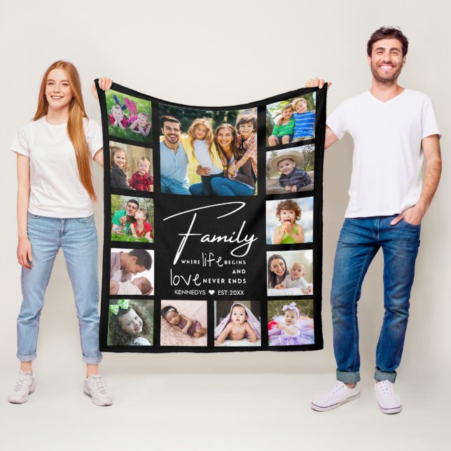 Modern 13 Photo Collage Family Quote Name Black  Fleece Blanket (In Situ)