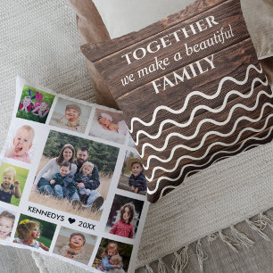 Modern 13 Photo Collage Family Quote Rustic Wood  Throw Pillow