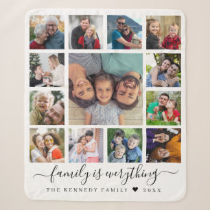Modern 13 Photo Collage Quote Family Name  Sherpa Blanket