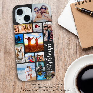 Modern 13 Photo Collage Script Name Custom Color iPhone 15 Case