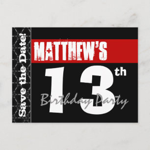 Modern 13th Birthday Save the Date Red Black V004 Announcement Postcard