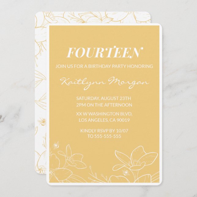 Modern 14th birthday invitations Floral Yellow (Front/Back)