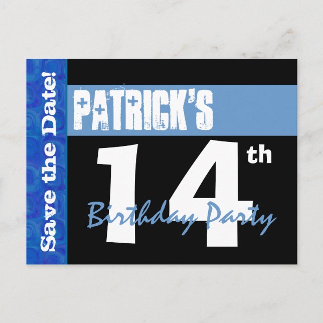 Modern 14th Birthday Save the Date Black Blue V14A Announcement Postcard (Front)