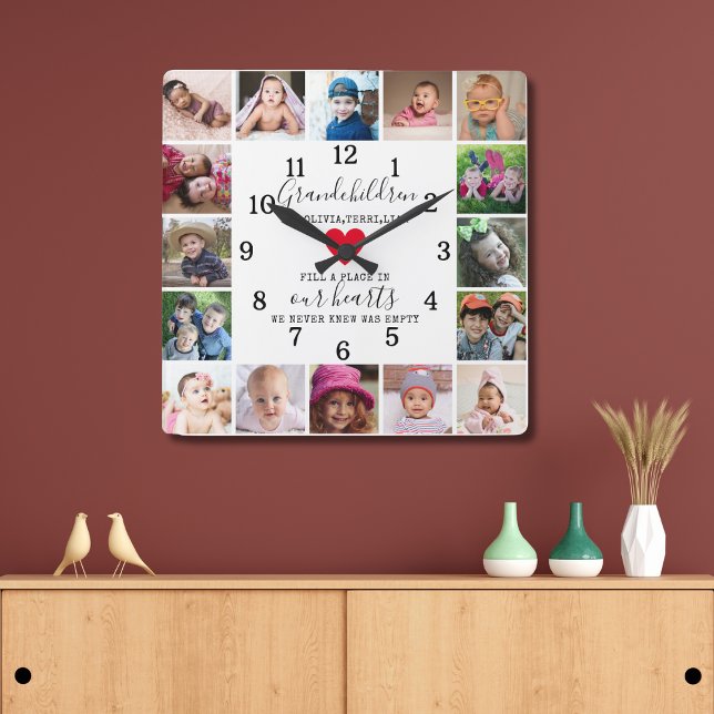 Modern 16 Photo Collage Frame Grandchildren Quote Square Wall Clock (Creator Uploaded)
