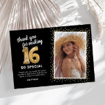 Modern 16th Birthday Photo Thank You Card<br><div class="desc">Elegant 16th birthday party thank you cards featuring a stylish black background that can be changed to any colour,  a photo of the birthday girl / boy,  gold sparkly glitter,  sixteen gold hellium balloons,  and a modern thank you template that is easy to personalize.</div>