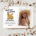 Modern 16th Birthday Photo Thank You Card<br><div class="desc">Elegant 16th birthday party thank you cards featuring a simple white background that can be changed to any colour,  a photo of the birthday girl / boy,  gold sparkly glitter,  sixteen gold hellium balloons,  and a modern thank you template that is easy to personalize.</div>