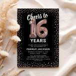 Modern 16th Birthday Rose Gold Invitation<br><div class="desc">Elegant 16th birthday party invitation featuring a stylish black background that can be changed to any colour,  rose gold sparkly glitter,  sixteen rose gold hellium balloons,  and a modern 16th birthday celebration text template that is easy to personalize.</div>