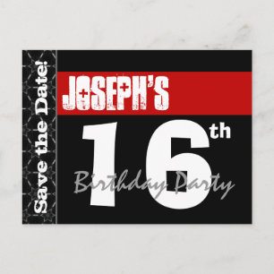 Modern 16th Birthday Save the Date Red Black V007 Announcement Postcard