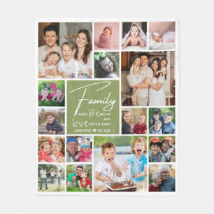 Modern 17 Photo Collage Family Name Green Quote   Fleece Blanket