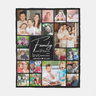 Modern 17 Photo Collage Family Name Quote  Black Fleece Blanket