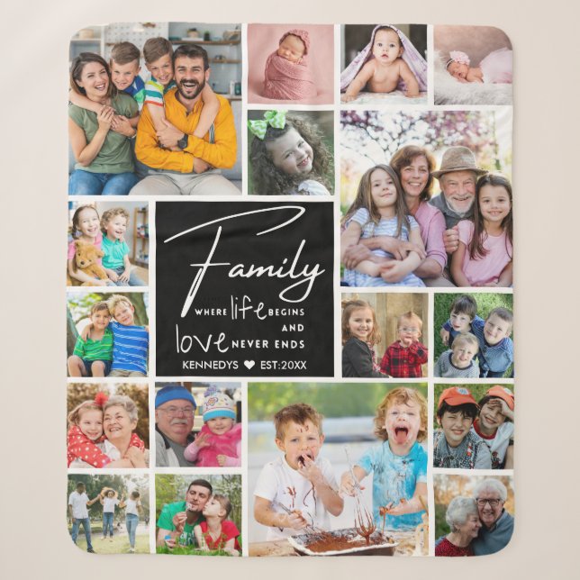 Modern 17 Photo Collage Family Name Quote   Sherpa Blanket (Front)