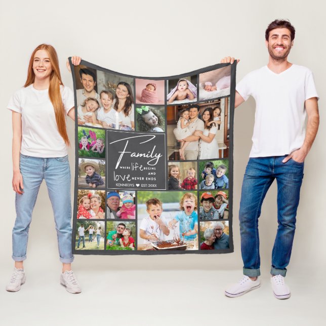 Modern 17 Photo Collage Family Quote Name Grey Fleece Blanket (In Situ)