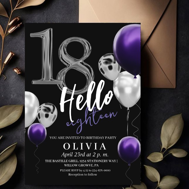 Modern 18th Birthday Black Silver Purple Balloons  Invitation (Creator Uploaded)