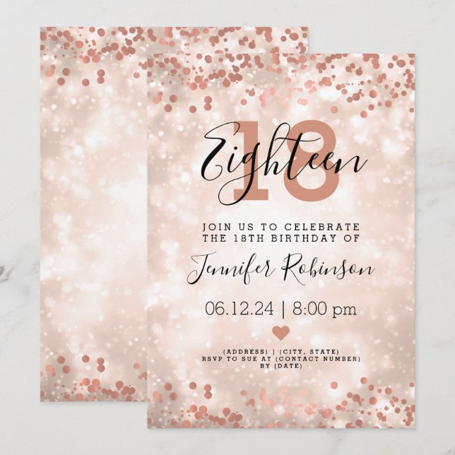 Modern 18th Birthday Party Rose Gold Sparkle  Invitation (Front/Back)