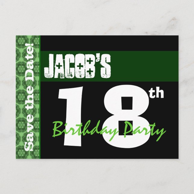 Modern 18th Birthday Save the Date Green Black V9A Announcement Postcard (Front)